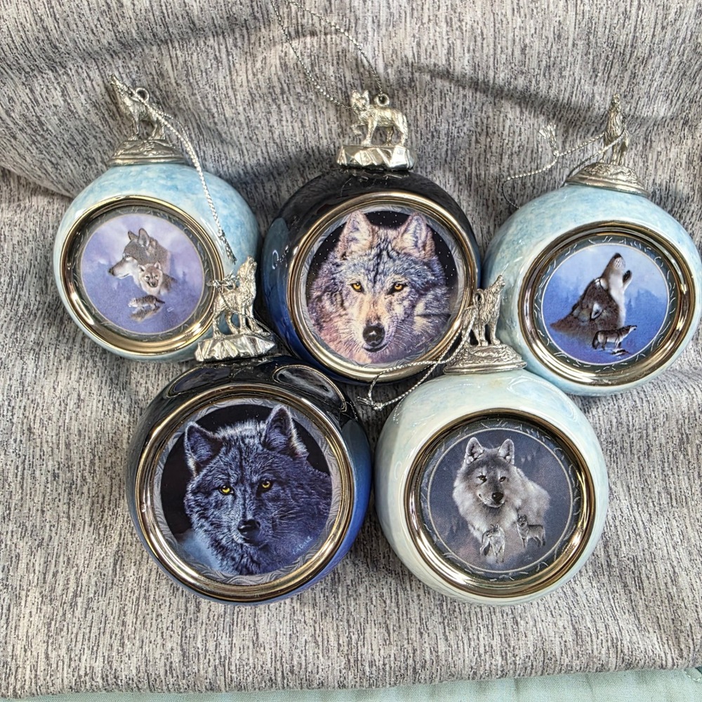 Bradford Editions Wolf Christmas Ornament Set of 5 Pewter Toppers 1997